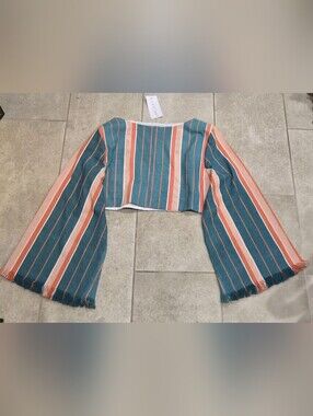 NWT Kilentar Tayo Striped Crop Top Bell Sleeve UK 14 US 10 Hand Woven Cotton